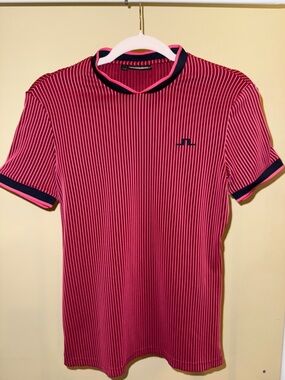J.Lindeberg Pink Striped Short-Sleeve Tee with Navy Trim